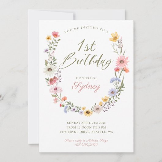 Invitation 1er anniversaire Jardin Fleur sauvage aquarelle (Devant)