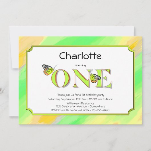 Invitation 1er anniversaire Jaune et Vert avec des rayures (Devant)