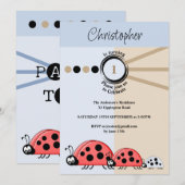Invitation 1er anniversaire ladybugs fête bleu brun célébrer (Devant / Derrière)