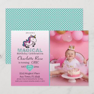Invitation 1er Anniversaire Licorne Magique Fille Rose Pâle