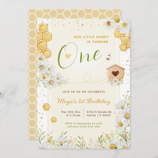Invitation 1er anniversaire Little Honey Sweety Bee Girl's Fi (Devant / Derrière)