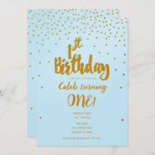 Invitation 1er anniversaire Lumière Bleu & Or Confetti Invita (Devant / Derrière)