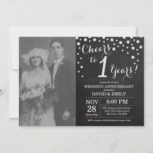 Invitation 1er anniversaire Mariage Chalkboard Black Silver (Devant)