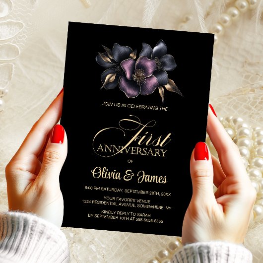 Invitation 1er anniversaire Mariage de la florale rose et gri