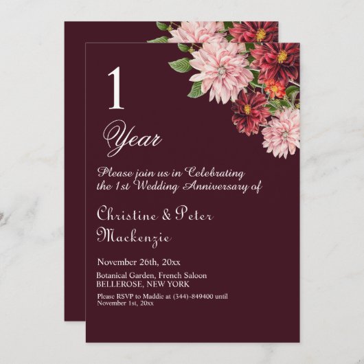 Invitation 1er Anniversaire Mariage en papier Bourgogne Flora (Devant / Derrière)