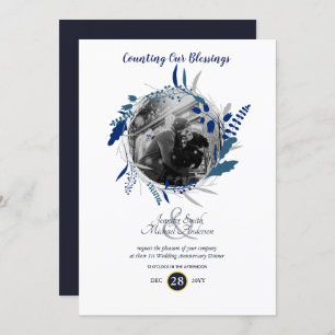 Invitation 1er anniversaire Mariage moderne PHOTO Blue Wreath