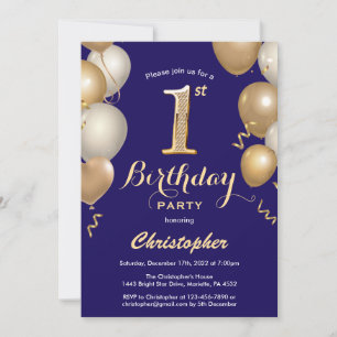 Invitation 1er Anniversaire Marine Bleu et Ballons d'or Confe