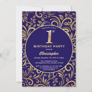 Invitation 1er Anniversaire Marine Bleu et or Flore modèle