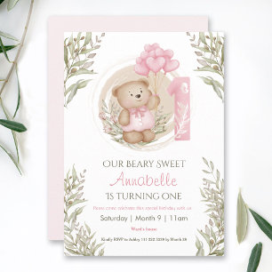 Invitation 1er anniversaire mignon bébé ours rose coeur Ballo