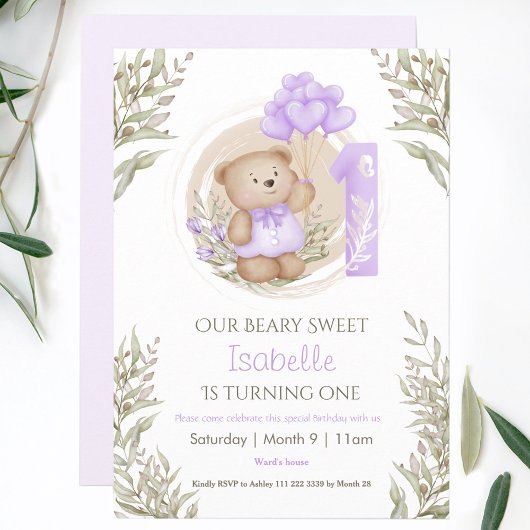 Invitation 1er Anniversaire Mignonne Ours Teddy Ballons de Co