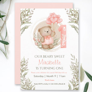Invitation 1er Anniversaire Mignonne Ours Teddy Peach Coeur B
