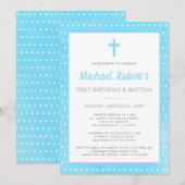 Invitation 1er Anniversaire moderne Baptême garçon bleu Polka (Devant / Derrière)