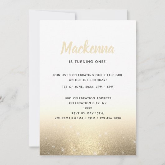 Invitation 1er anniversaire moderne Parties scintillant d'or  (Dos)