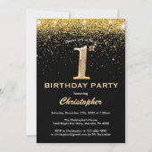 Invitation 1er anniversaire Noir et Parties scintillant d'or (Devant)