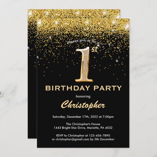 Invitation 1er anniversaire Noir et Parties scintillant d'or (Devant / Derrière)