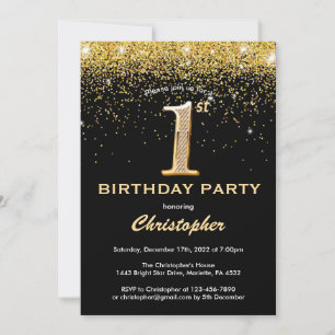 Invitation 1er anniversaire Noir et Parties scintillant d'or 
