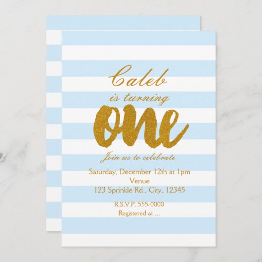 Invitation 1er anniversaire ONE Blue & White Stripes Invitati (Devant / Derrière)