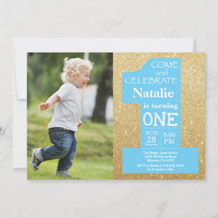 Invitation 1er Anniversaire Paillettes Dorées et Photo Bleue