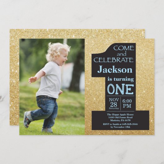 Invitation 1er anniversaire Parties scintillant or et photo b (Devant / Derrière)