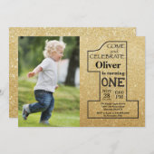 Invitation 1er anniversaire Parties scintillant or et photo n (Devant / Derrière)