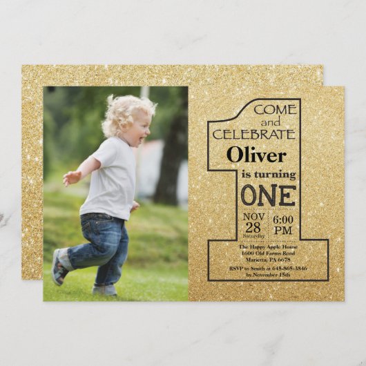 Invitation 1er anniversaire Parties scintillant or et photo n (Devant / Derrière)