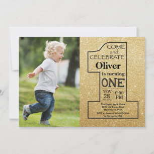 Invitation 1er anniversaire Parties scintillant or et photo n