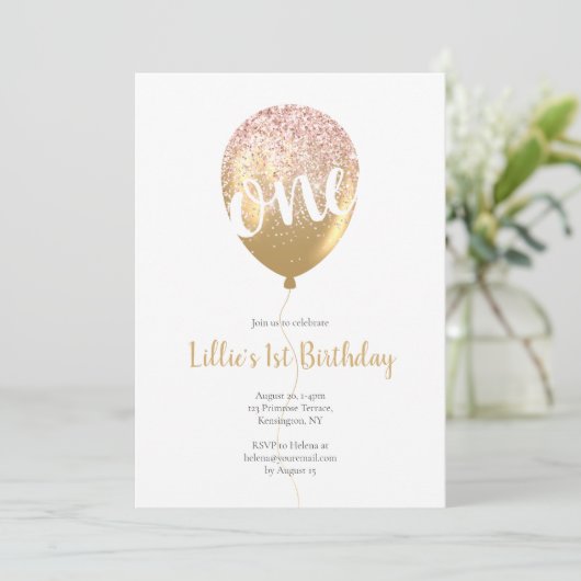 Invitation 1er anniversaire Parties scintillant or rose (Debout devant)