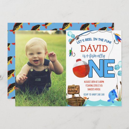 Invitation 1er anniversaire Pêche à thème O-Fish-Ally ONE (Devant / Derrière)
