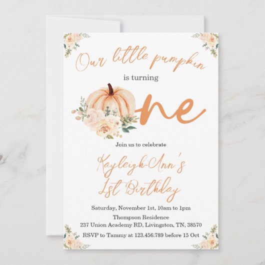 Invitation 1er anniversaire Petit Citrouille automne / automn (Devant)