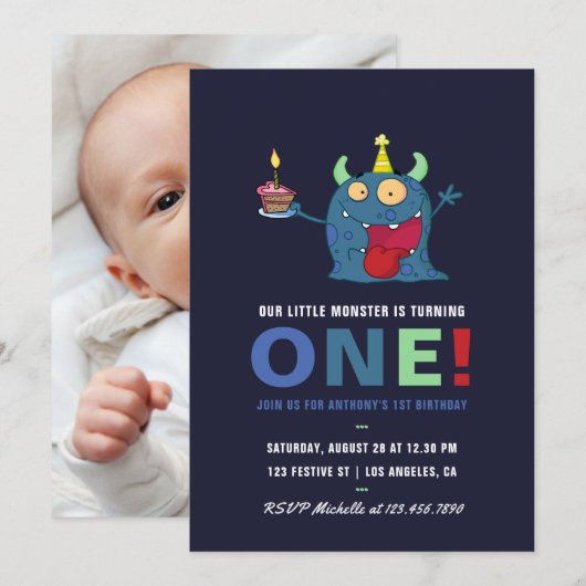 Invitation 1er anniversaire Petit Monster Boy Party Invitatio (Devant / Derrière)