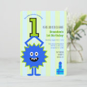 Invitation 1er Anniversaire Petit Monstre Garçon Bleu Grandes (Debout devant)