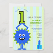 Invitation 1er Anniversaire Petit Monstre Garçon Bleu Grandes (Devant)