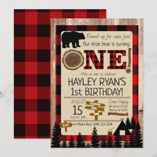 Invitation 1er anniversaire Petit Ours Flannel Lumberjack Thè (Devant / Derrière)