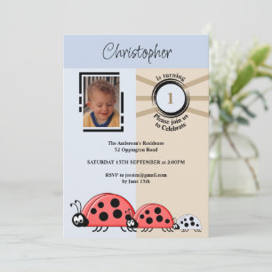 Invitation 1er Anniversaire photo ladybugs bleu brun