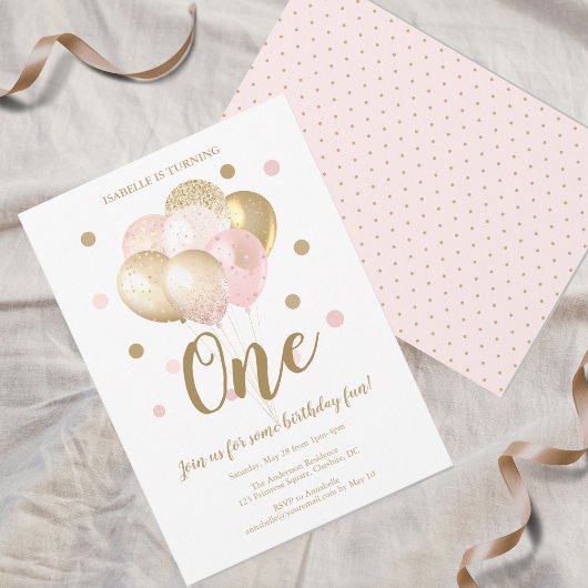 Invitation 1er anniversaire Pink Gold Parties scintillant Bal
