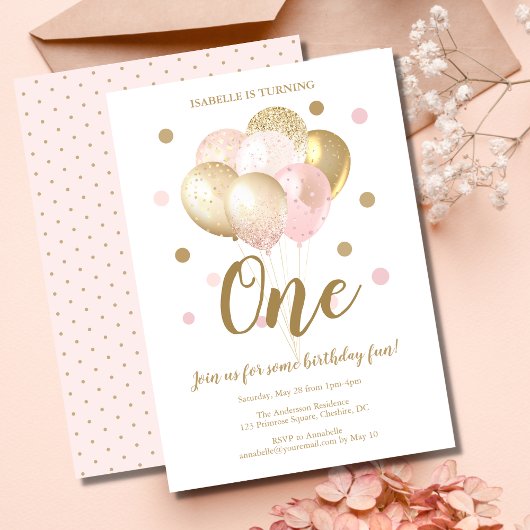 Invitation 1er anniversaire Pink Gold Parties scintillant Bal