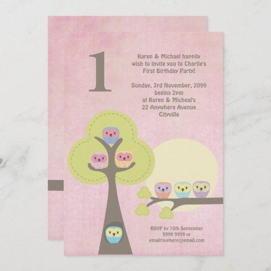 Invitation 1er anniversaire Pink Party Night Owts mignonne In (Devant / Derrière)