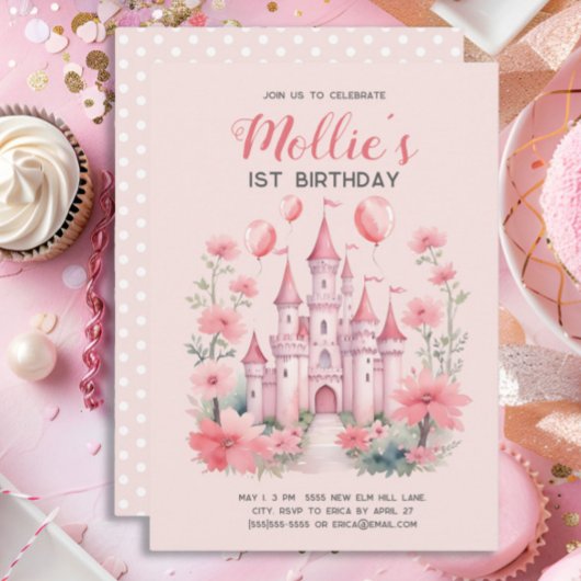 Invitation 1er anniversaire Pink Princess Castle Balloons