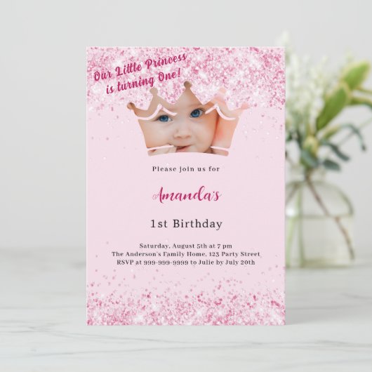 Invitation 1er anniversaire Princesse photo couronne rose (Debout devant)