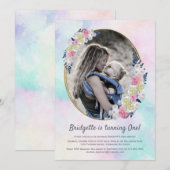 Invitation 1er anniversaire Printemps rose bleu floral fille  (Devant / Derrière)