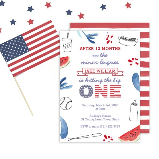 Invitation 1er anniversaire Red White Blue Baseball Party