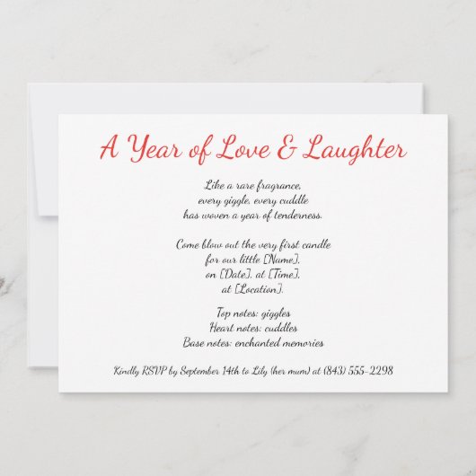 Invitation 1er Anniversaire Robe Blanche Rouge Bow Parfum (Dos)