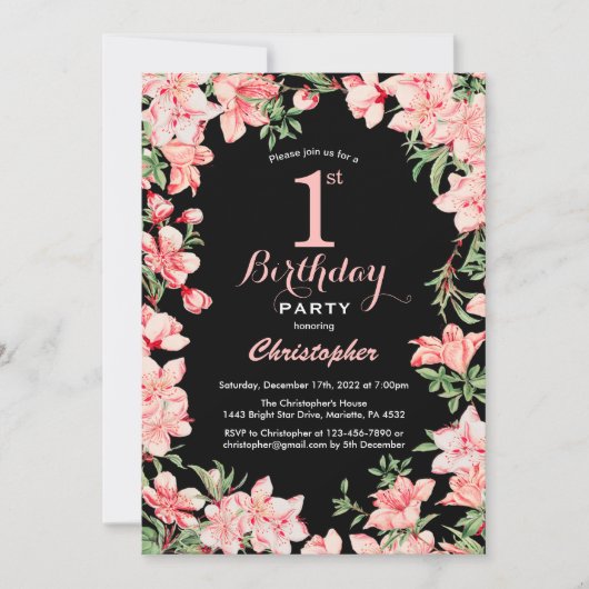 Invitation 1er Anniversaire Rose Fleurs Florales Arrière - pl (Devant)