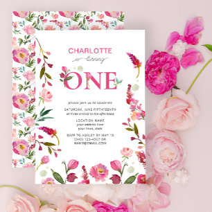 Invitation 1er Anniversaire Rose Floral Aquarelle Tourne un