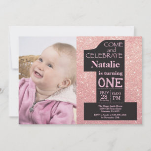 Invitation 1er Anniversaire Rose Gold Paillettes et Photo Ros