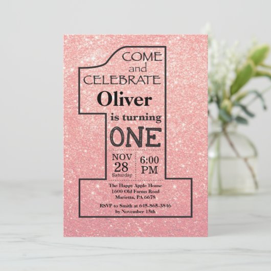 Invitation 1er anniversaire Rose Gold Pink Parties scintillan (Debout devant)