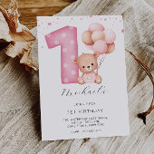 Invitation 1er anniversaire rose, ours en peluche