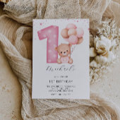 Invitation 1er anniversaire rose, ours en peluche