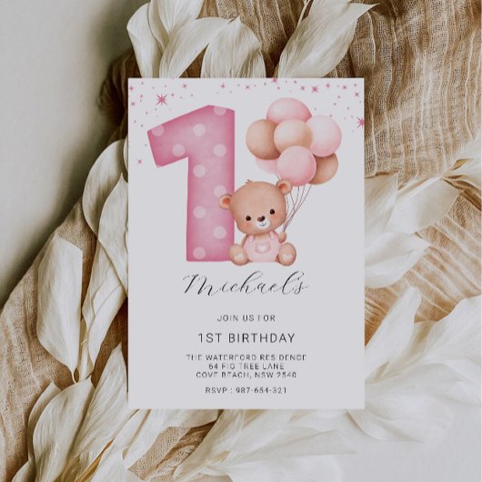 Invitation 1er anniversaire rose, ours en peluche