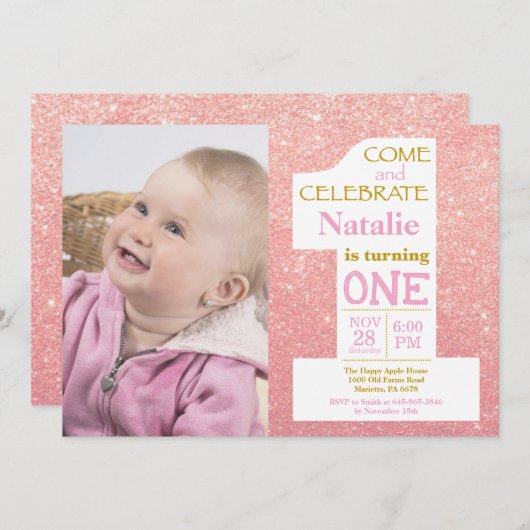 Invitation 1er anniversaire Rose Parties scintillant d'or et  (Devant / Derrière)